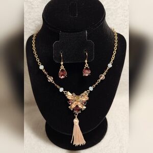 CATO Purple and Peach Beaded Tassel Necklace and Drop Earrings Set / Pierced